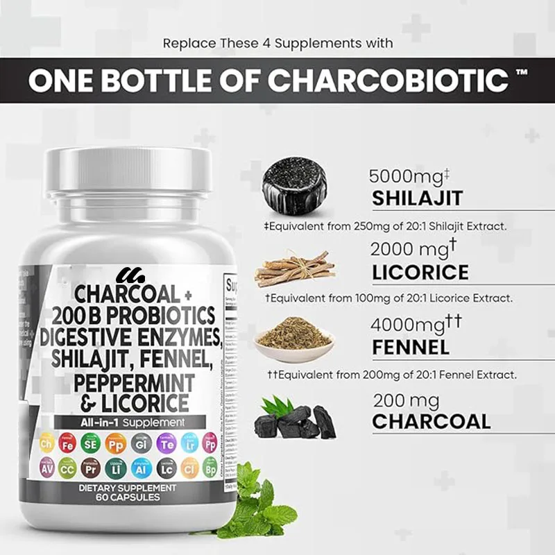 Activated carbon capsules Shilajit,probiotics+digestive enzymes,containing peppermint,fennel, licorice, papain, ginger, turmeric