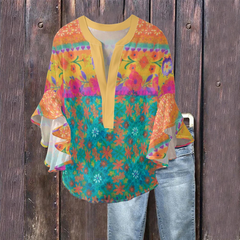 

Women’s Bubble Crepe Floral Blouse Vibrant Yellow V-Neck Collar Playful Flounce Sleeves Shirts Breathable Casual Boho Outfits