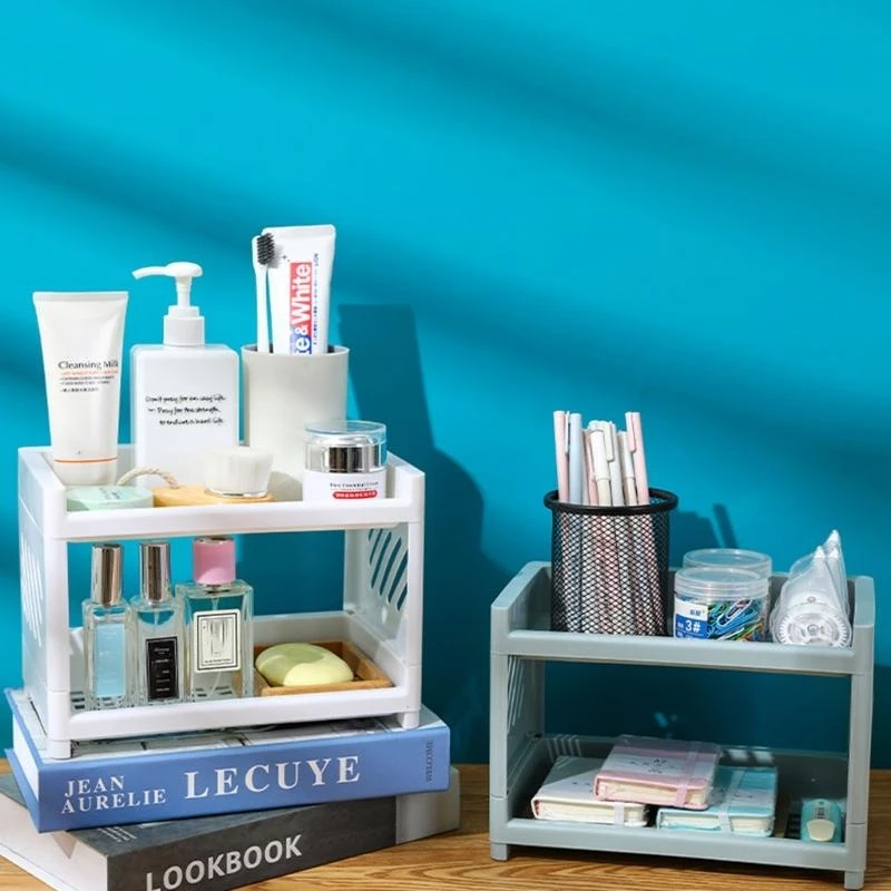 Double Layer Hollow Shelf Plastic Cosmetics Desktop Finishing Bathroom Accessories Storage Rack 2 Tier Shelf Holder