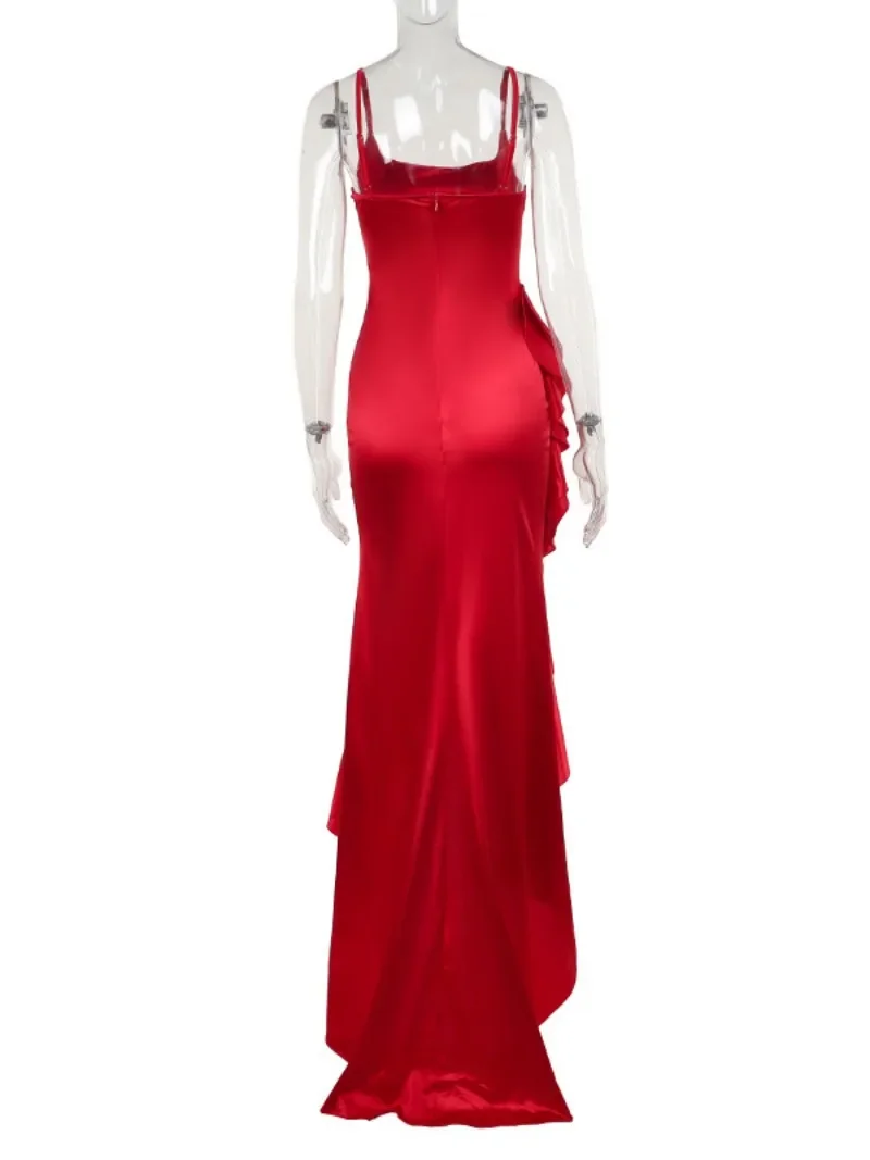 Sexy Spaghetti Strap Ruffles Long Maxi Evening Dress Women Sleeveless High Slit Floor-length Red Formal Occasion Prom Dresses