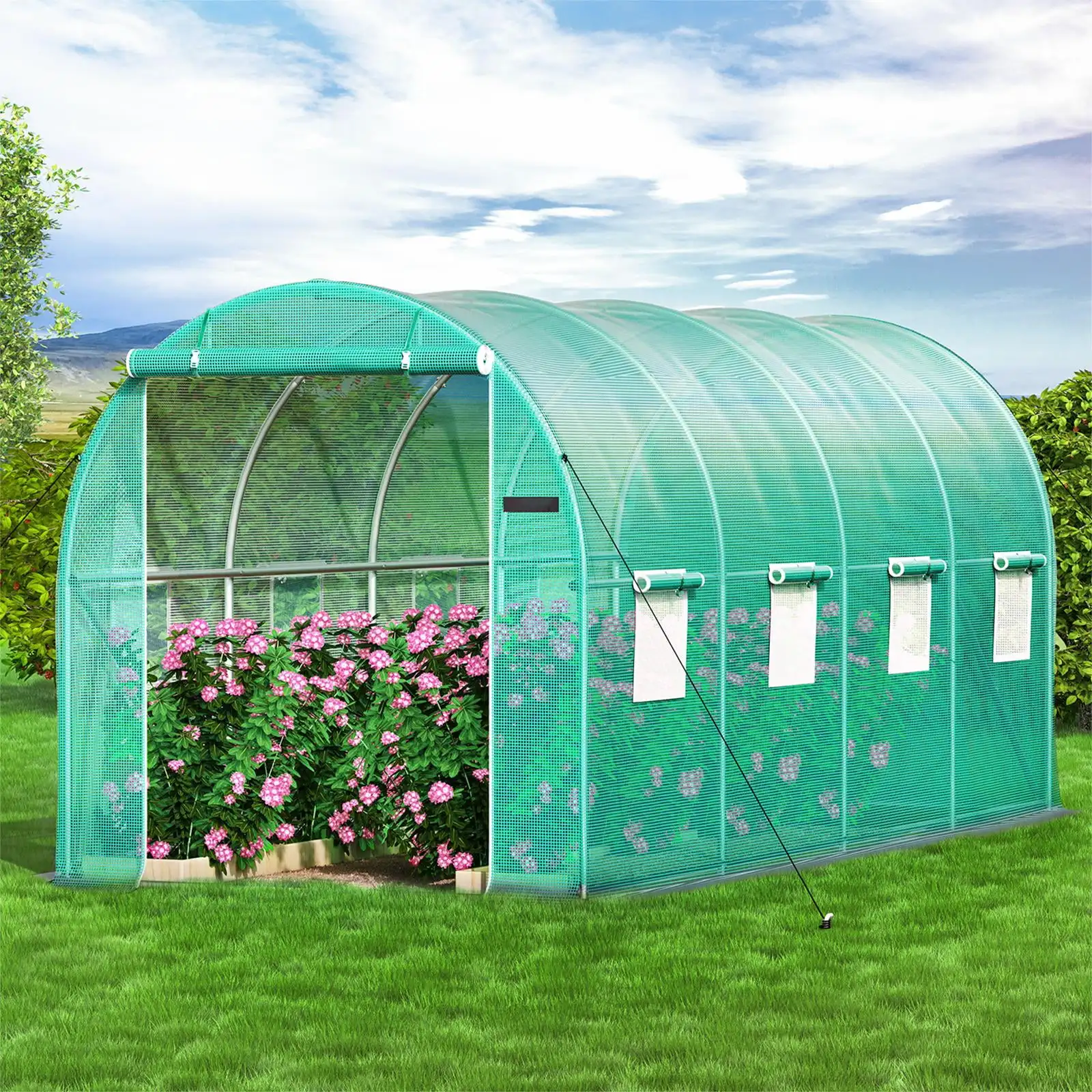 

15’ x7' x7'/20' x10‘ x7'/10'x 7'x 7' Walk-in Tunnel Greenhouse with Mesh Door Large Hot House Galvanized Steel Frame & PE Cover