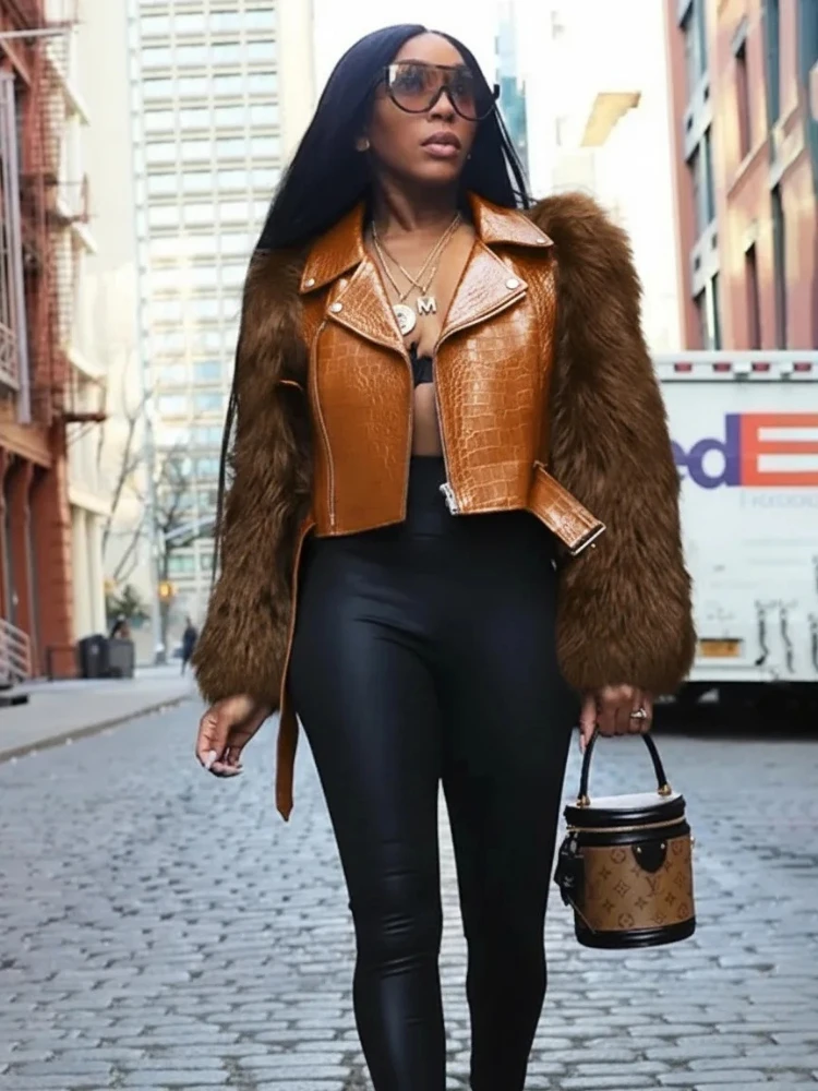 เสื้อแจ็คเก็ตหนังแต่งขนสัตว์สไตล์เซ็กซี่สำหรับผู้หญิง แบรนด์ Leosoxs รุ่นใหม่ประจำฤดูหนาว  แบบมีปก  ติดซิป  ทรงครอป  เสื้อผ้าสตรีแนวสตรีท