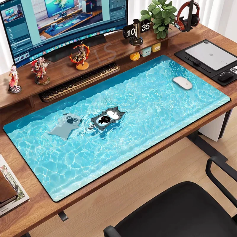 

Mouse Pad with Cute Dog and Cat Desk Mat Aesthetic Gaming Pad Blue Water Waves Design Office Desk Accessory Durable Keyboard Mat