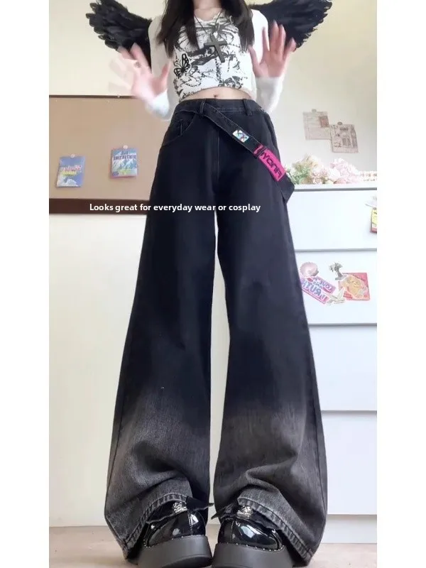 

High Waist Wide Leg Denim Jeans Women's Side Zipper Gradient Black Grey Casual Style High Waist Dragging Trousers Trendy