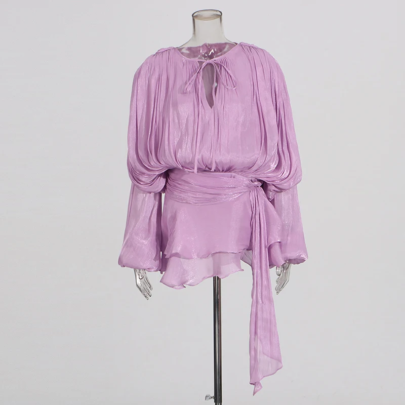GALCAUR Solid Losse Splicd Lace Up Jurken Voor Vrouwen V-hals Lange Mouwen Patchwork Ruches Tuniek Jurken Vrouwelijke Fashio Nieuwe