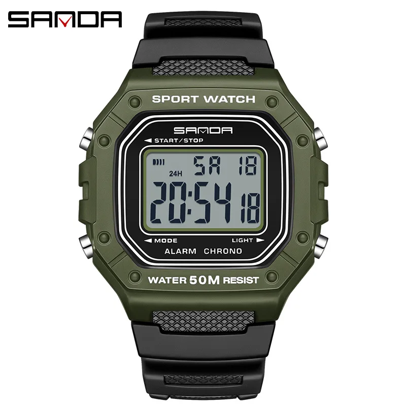 SANDA 2156 Men Watch New Model Electronic Digital Movement Rectangle Led Display Dial Outdoor Sports Watertight Male Wrist Watch