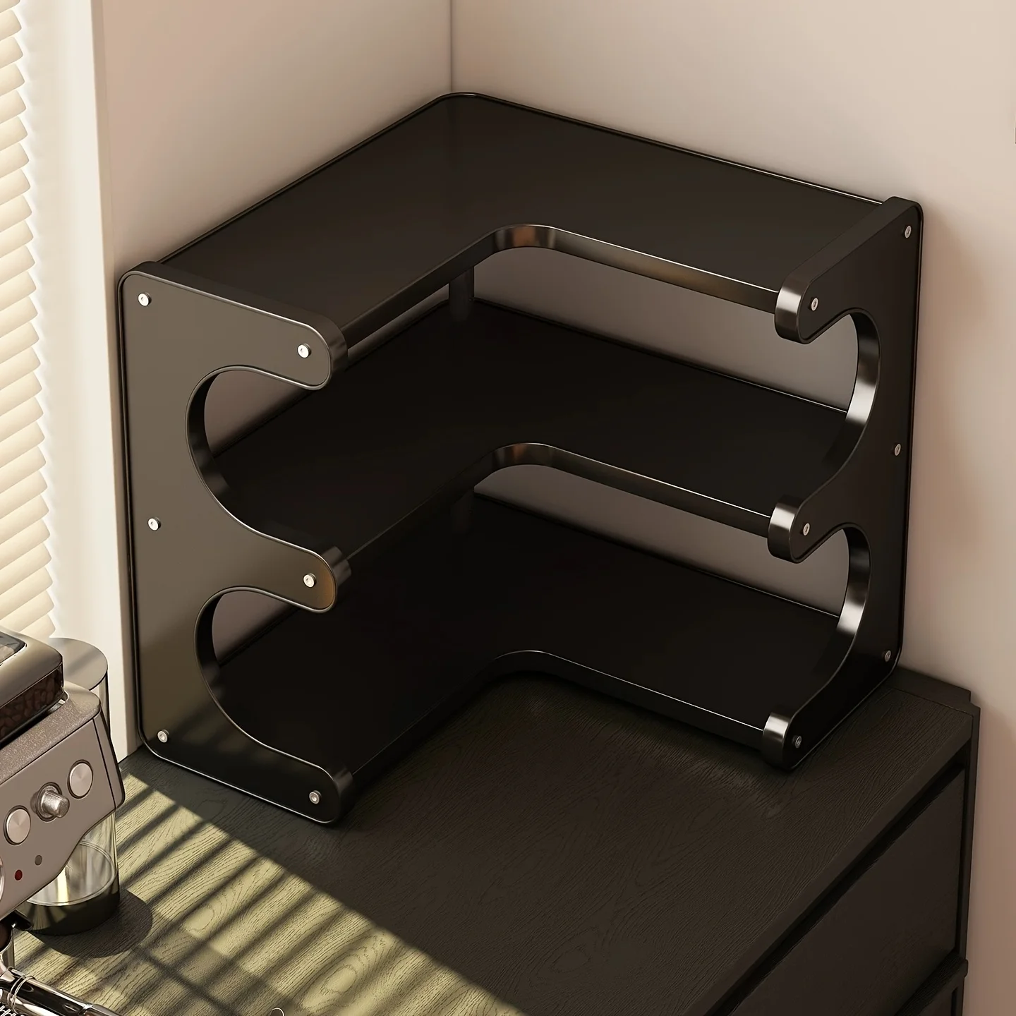 

Corner Black Shelving Unit – Available in Two or Three Tiers. The Ultimate Storage Solution for Kitchen and Coffee Corners