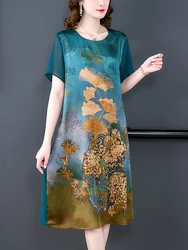 2024 Red Silk Floral Luxury Wedding Dress Summer Short Sleeve O-Neck Loose Waist Dress Women Korean Vintage Elegant Party Dress