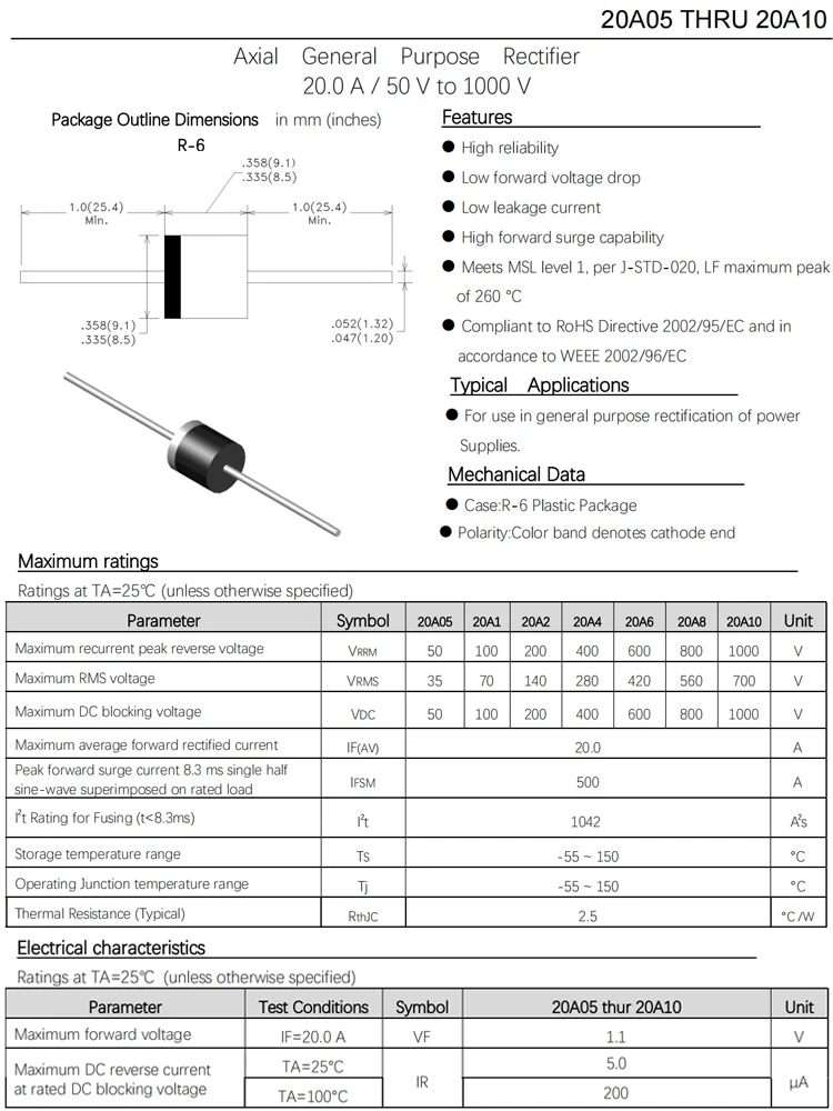 R-6 정류기 다이오드, 30A10, 20A10, 10A10, 6A10, 10A20, 6A, 10A, 20A, 30A, 1000V, 2000V, 20 개