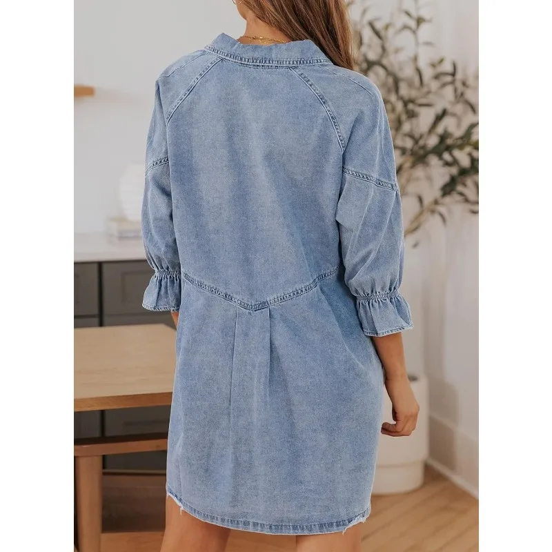 Women's Denim Shirt Dress, Three-Quarter Sleeve, Button-up, Babydoll