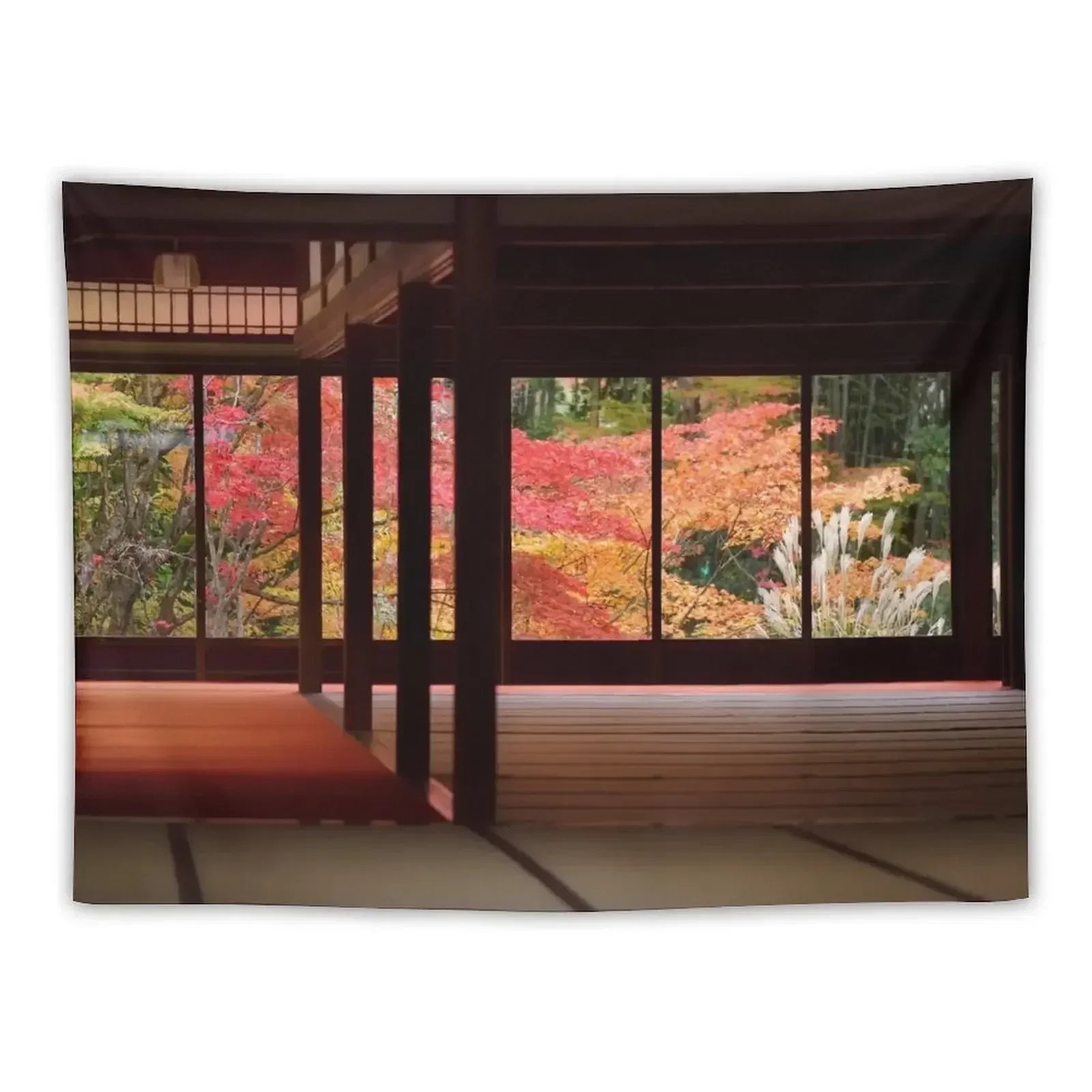 

Traditional Japanese temple hall interior with beautiful autumn nature behind the windows of Tenjuan temple in Kyoto ar Tapestry