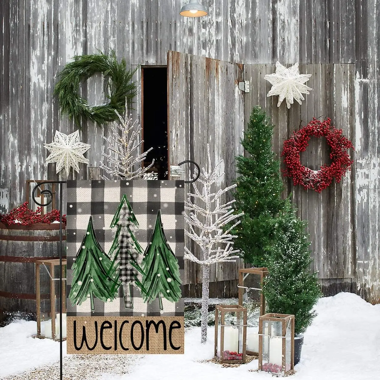 Welcome Christmas Trees Winter Garden Flag 12 x 18 Inch Vertical Double Sided Buffalo Plaid Holiday Yard Outside Xmas Décor  uui