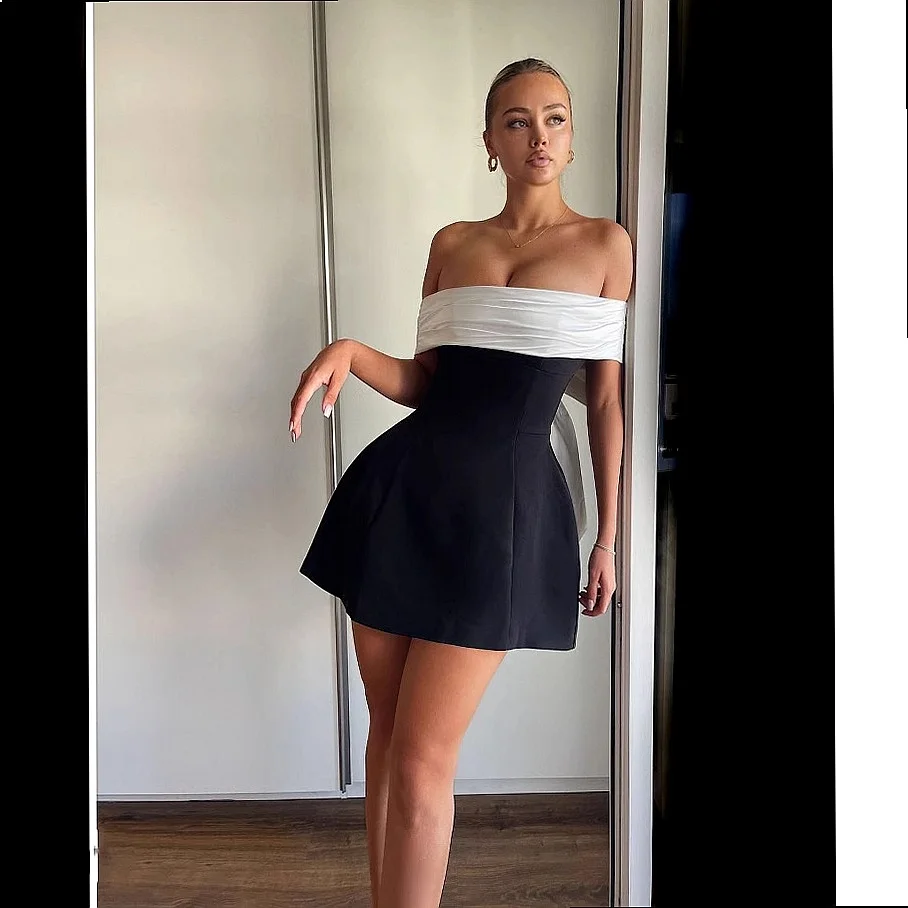 One Shoulder Black White Contrast Waist A-Line Bow Design Dress Dresses Spring Summer