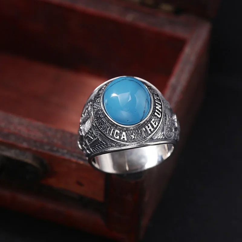 Wholesale s925 sterling silver classic English retro turquoise ring closed index finger ring men's flying eagle ornament
