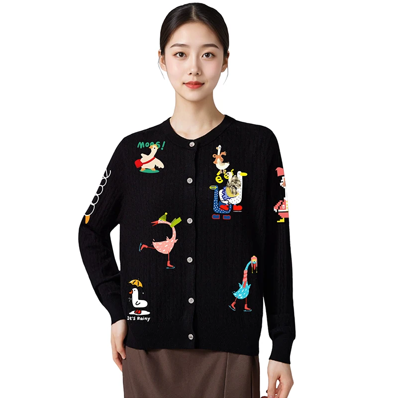 

Women Animal Doll Brooch Cardigan Bear Dog Rabbit Elephant Goose Printing Round Neck Wool Open Front Button Long Sleeves Sweater