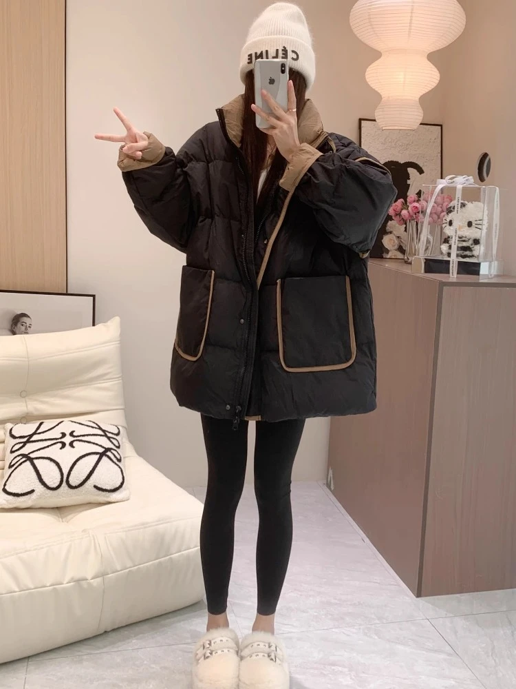 90%ダックダウンジャケット 韓国風 ルーズカラー ミドル丈コート 2025年冬新作 レディース スノーコート 厚手 暖かい アウター 女性用パーカー ブレッドスーツ