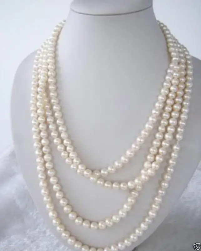 

free shipping LONG 100 INCH 7-8MM WHITE FRESHWATER REAL PEARL NECKLACE