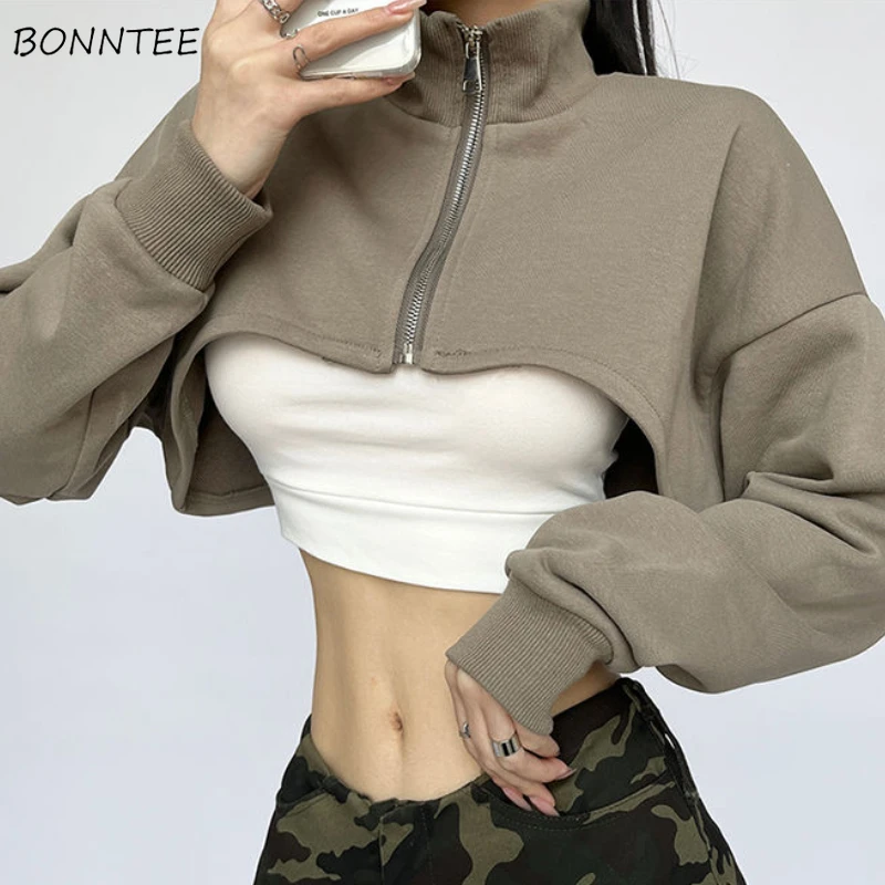 American Crop Jackets Women Stand Collar Stylish Cool Streetwear Chic Youth Leisure Solid Y2k Jacket Vintage Sexy Zip-up Spring