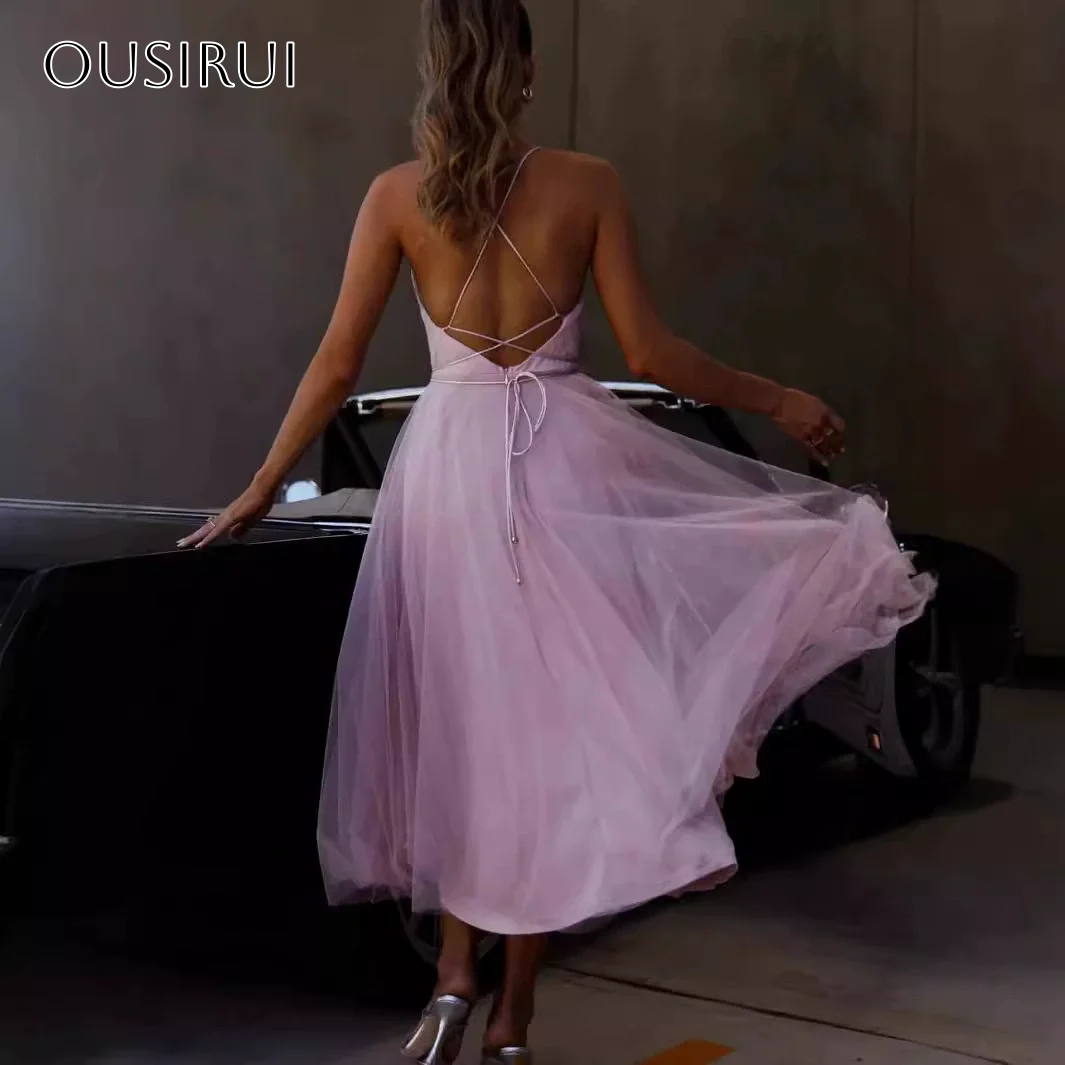 Robe de soirée en Tulle, bretelles Spaghetti, ligne a, sans manches, longueur thé, fendue, dos nu, tenue de soirée personnalisée