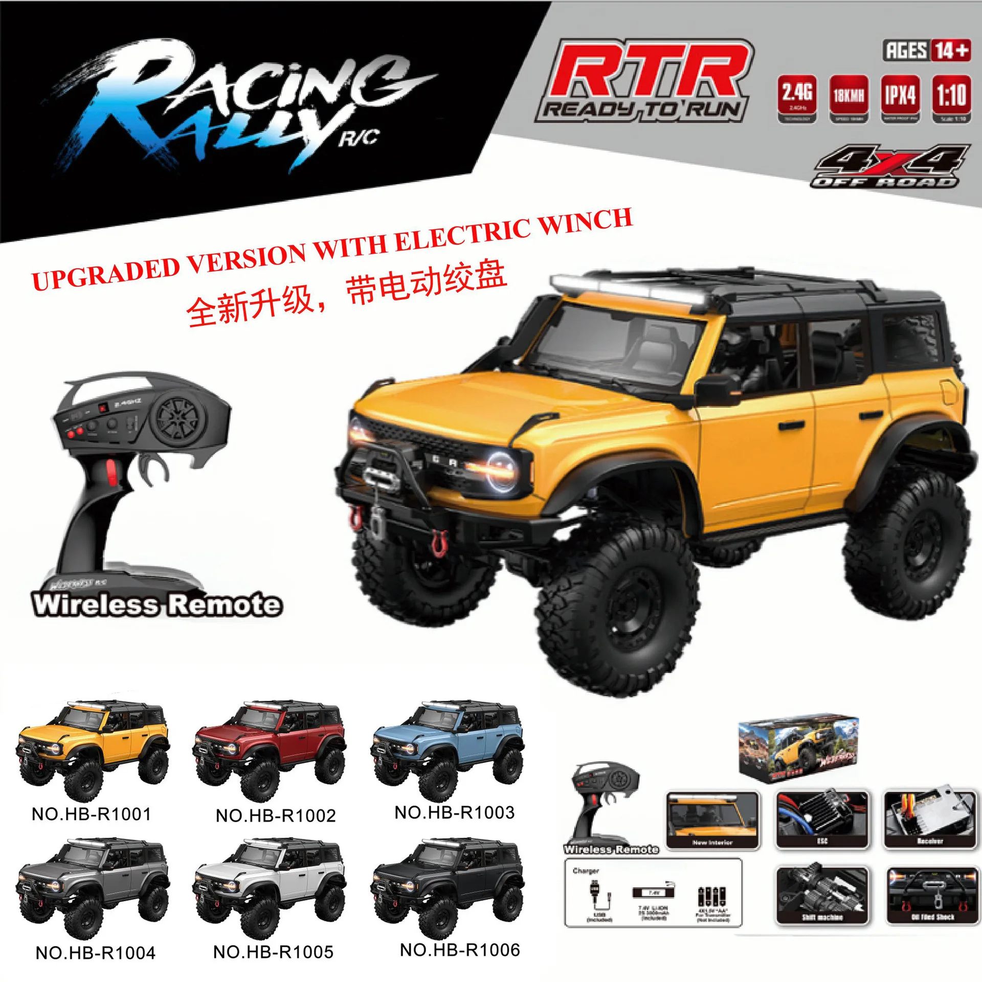 Rc Climbing Car Rtr Vehicle 2.4g Full Proportional Rock Crawler 1/10 Hb R1011 Car R1014 Remote Control  4wd Off-Road Truck Toys