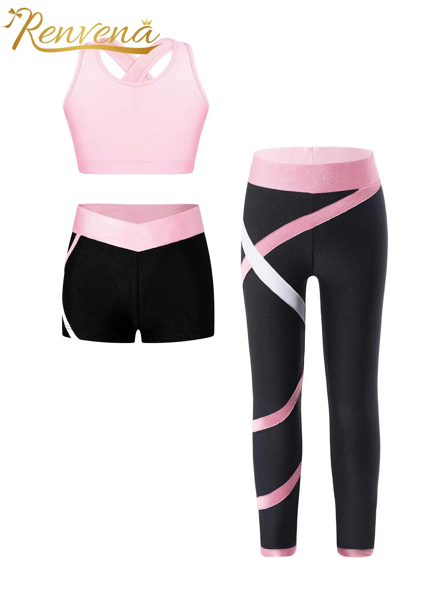 Children Sport Clothes Sets Kids Fitness Suits for Girls 3Pcs Sports Set Crop Top Pants Shorts for Running Workout Yoga Outfits