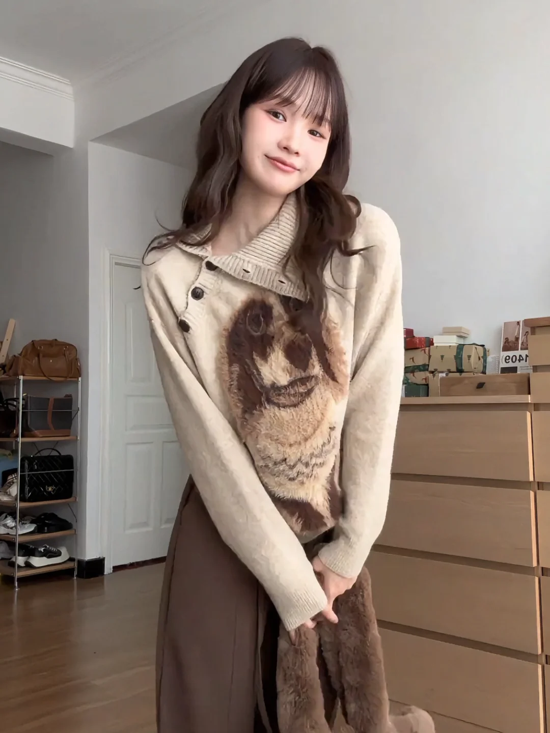 เสื้อสเวตเตอร์ถักลายสุนัขสไตล์เกาหลี ทรงหลวม สวมใส่สบาย เนื้อผ้านุ่ม แขนยาว คอกลม เหมาะสำหรับฤดูใบไม้ร่วงและฤดูหนาว