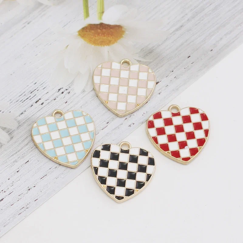 10pcs Checkered Heart Charms Metal Enamel Pendant Charms for Earring Keychain Hair Bracelet Jewelry Making Supplies Diy Bags