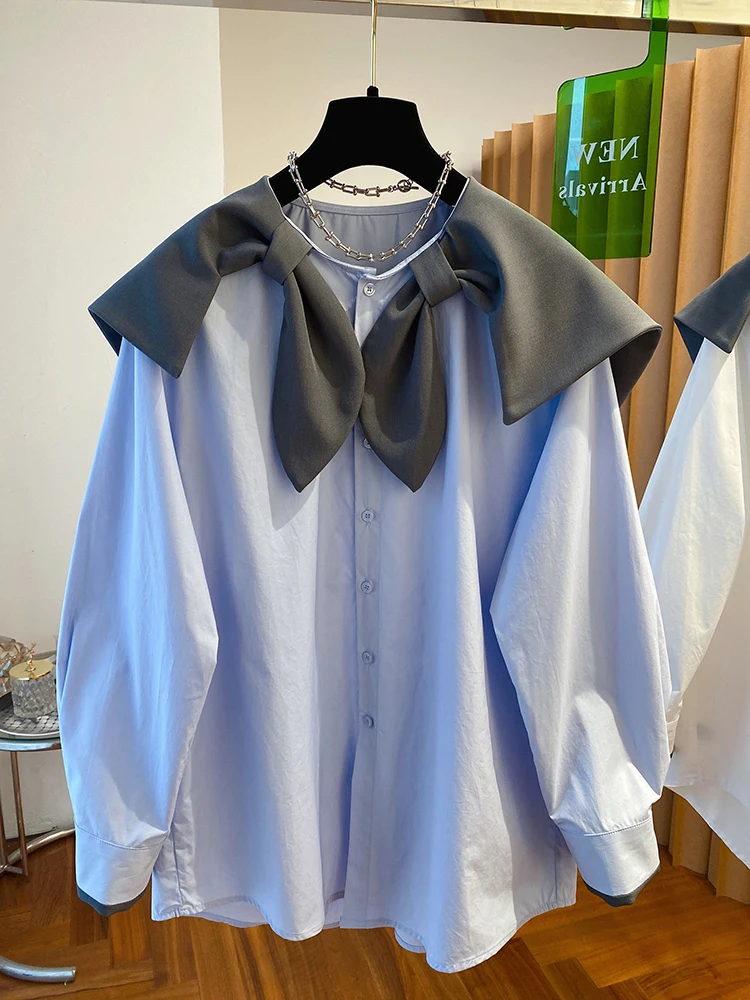 

Korean Sle Loose Women's irt Knot Naval Collar Large Turn-down Collar Spring Autumn Ele Lazy Versatile Top