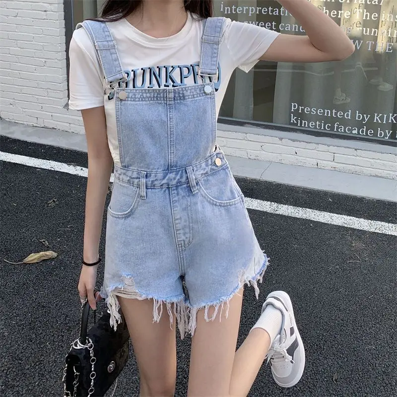 

Women Rompers With Frayed Edges And Holes Suspender Denim Shorts Streetwear Y2K Casual Washed Pocket Jeans Jumpsuit Playsuit 3XL