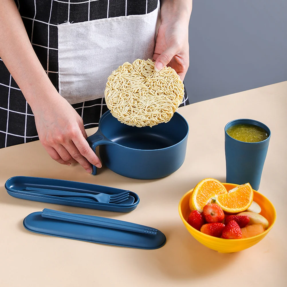 

1Set Ramen Bowl Set Wheat Straw Instant Noodle Tableware Spoon Chopsticks Fork Cup Case Portable Dinnerware for Travel Office
