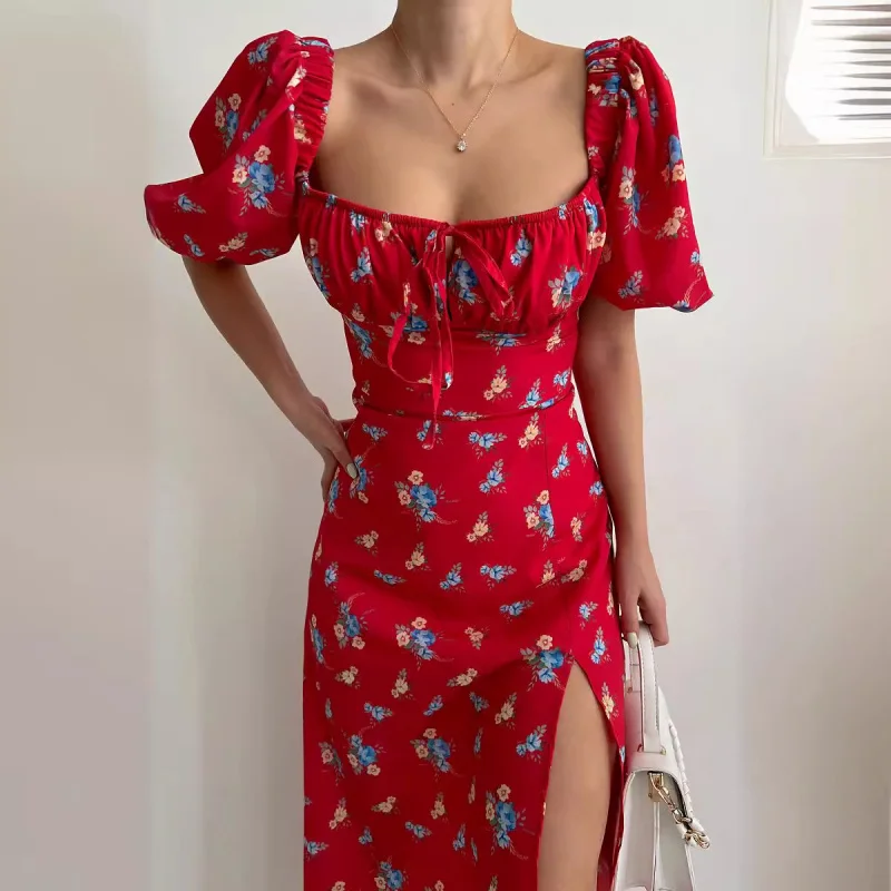 

HMR-Women's Summer New Puff Sleeve Slim-Fit Sexy Figure Flattering Side Slit Printed Dress Women