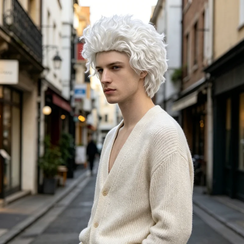 Anxin Brand Synthetic Fiber Wig: White Slicked-Back Cornrow Hairstyle, Fluffy Hair Strands, High-Quality Synthetic Fiber Material, Comfortable to Wear, Suitable for Daily Activities/Cosplay