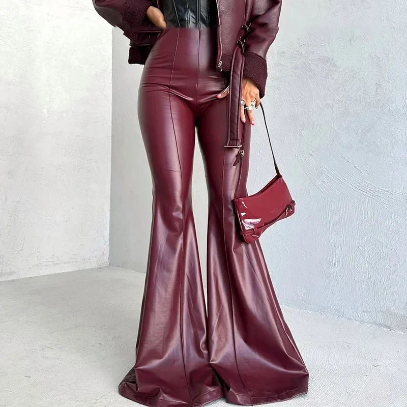 Fashion Women PU Leather Big Flared Pants Zipper High Waist Slim Flare Pants Vintage WineRed Leather Floor-length Tight Trousers