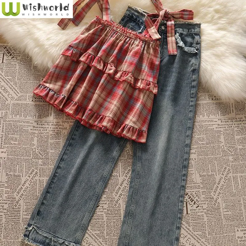 Spring and Summer Sweet Style Set French Retro Plaid Tank Top Women's High Waisted Fringed Straight Leg Jeans Two-piece Set