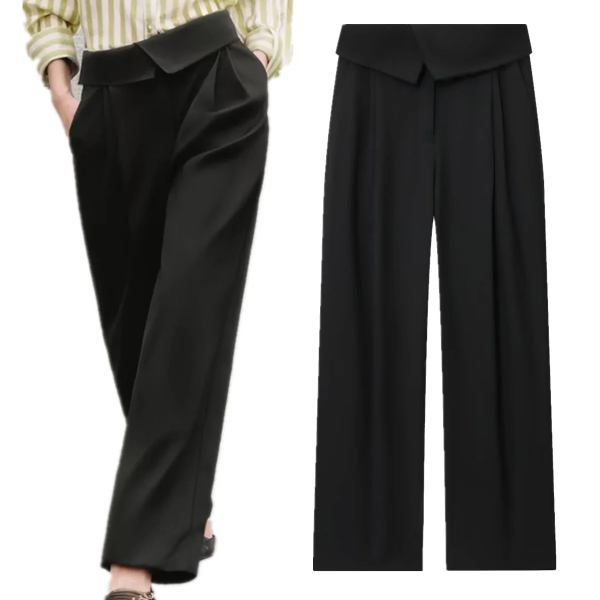 

Maxdutti Autumn Trousers Ladies French Minimalist Black Straight Leg Casual Pants High Waisted Rolled Edge Commuter Women's Pant