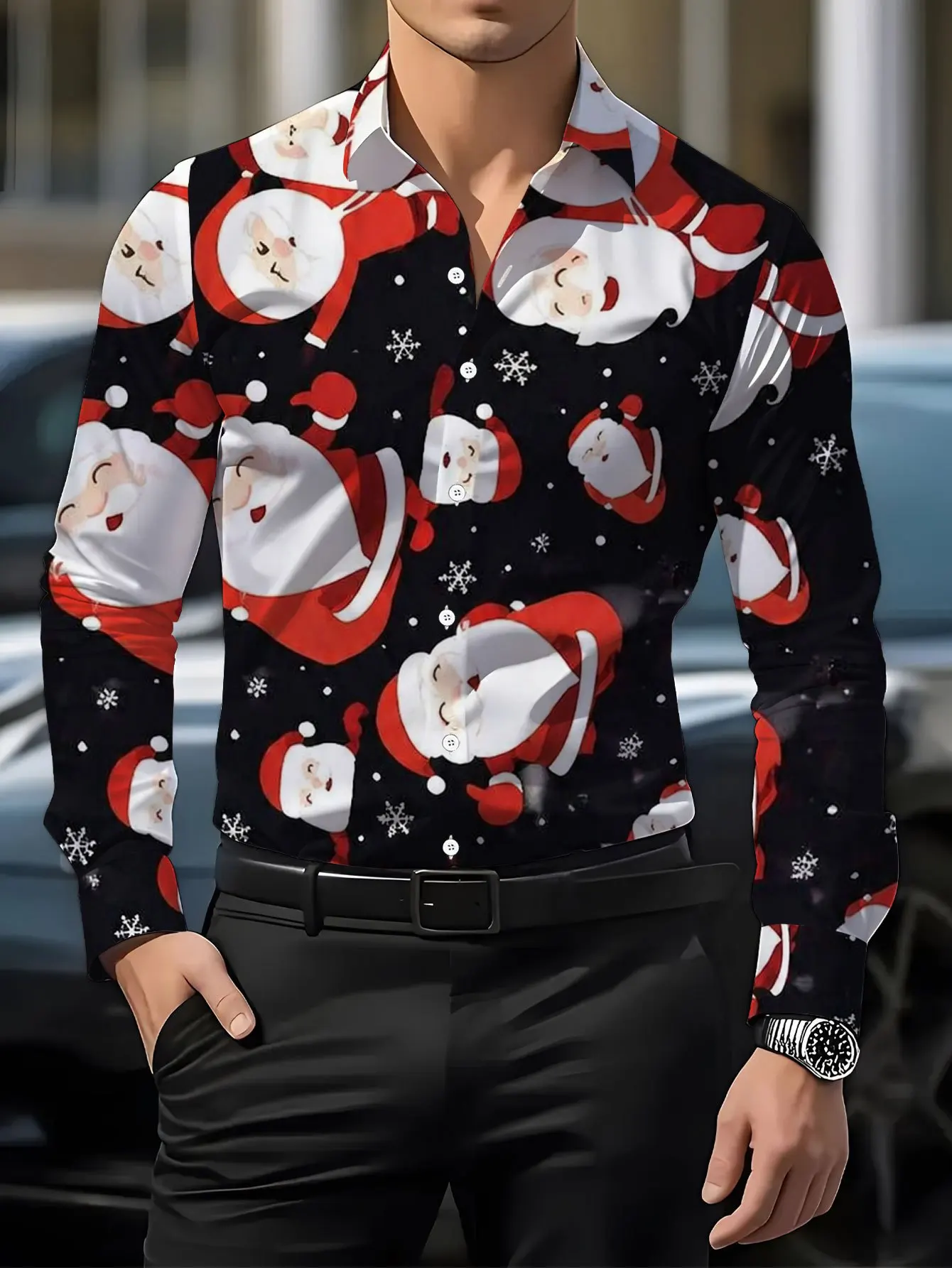 2026 Men Long Sleeve Shirt Christmas Santa Snowflake Print Button Down Casual Holiday Party Slim Tops Men's Clothing