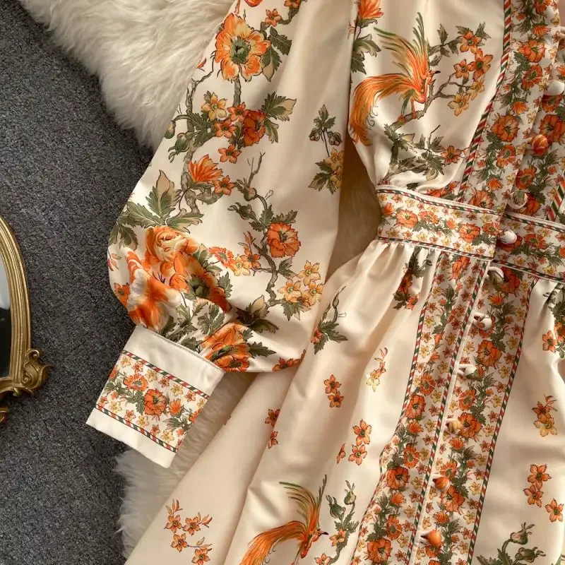 2024 New Dress Autumn Vintage Chiffon Single Breasted Lady Full Dress A Line V Neck Puff Sleeve Mid-Calf Women Dresses Vestido