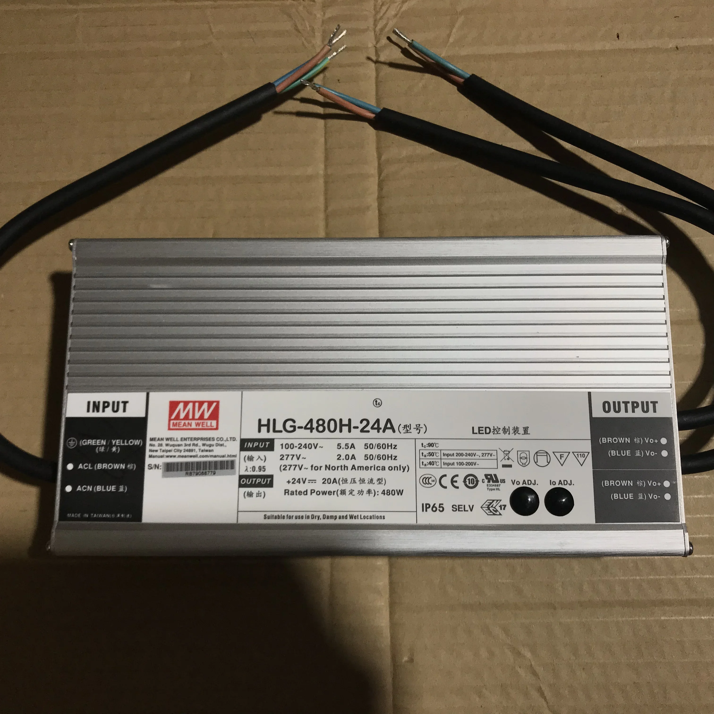 Taiwan Mingwei HLG-480H-24A Output Adjustable 12V To 24V Range 20A 480W Waterproof Power Supply