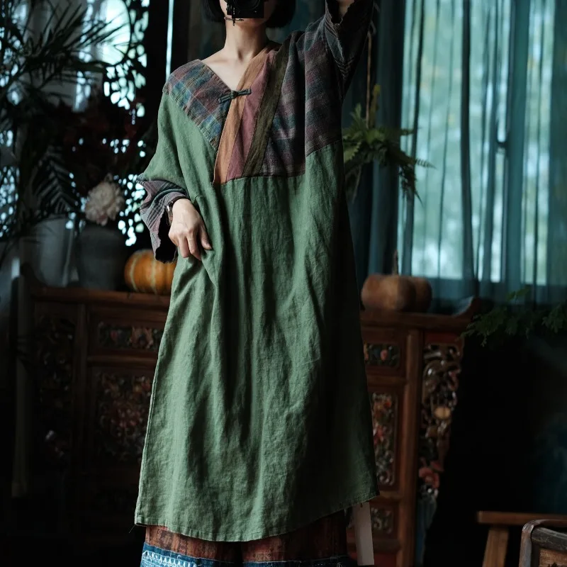 Vintage Linen Autumn Women Dress V-Neck Patchwork Green Robes 2026 New Loose Bat Sleeve Linen Female Dresses Plus Size Dresses
