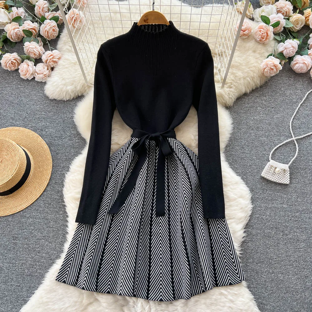 Women Winter Thick Knitted Sweater Dress Turtleneck Drawstring Swing Dresses Ladies Long Sleeve Stripes Knee-length Dresses