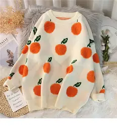 2021 Spring Autumn Orange Print Women O Neck Sweater Soft Female Jumper Knitwear Pullovers Top sweetheart Woman Jumper Mujer