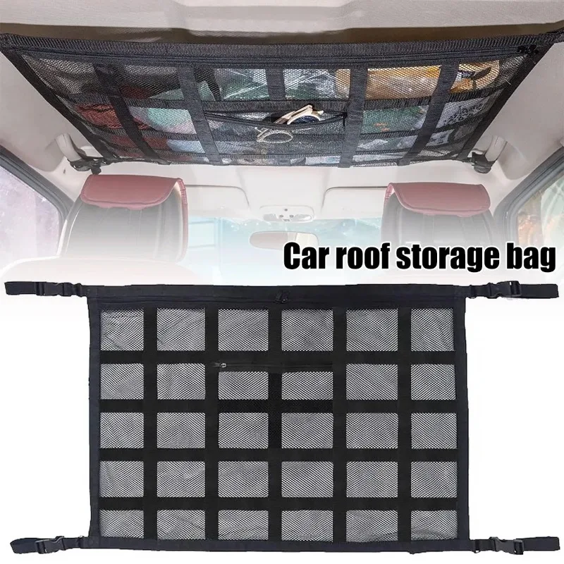 Universal Car Roof Storage Organizer Mesh Net Bag Overhead Ceiling Cargo Holder with Zipper for SUV MPV Car Interior Accessories