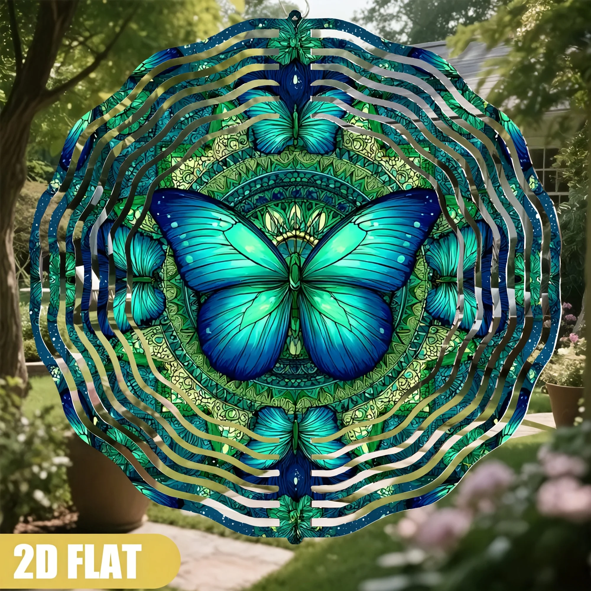 Bohemian Butterfly Mandala Wind Chime, Outdoor Garden Yard Art, Blue Green Symmetrical Design, Meditation Yoga Gift, Patio Lawn