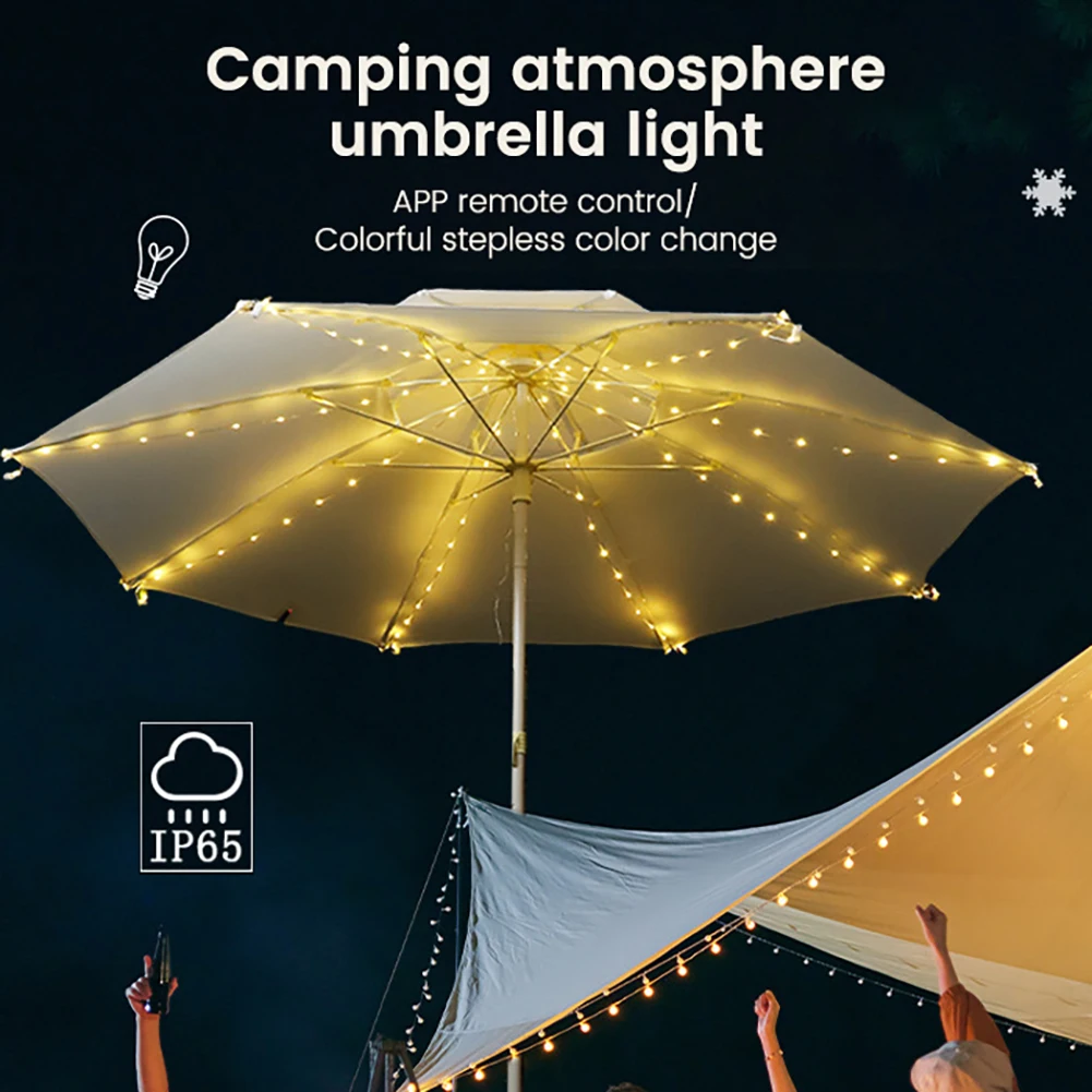 Pátio Umbrella String Lights com controle remoto, a pilhas, impermeável, sem fio, iluminação para exterior, 104 LEDs, 3.9Ft