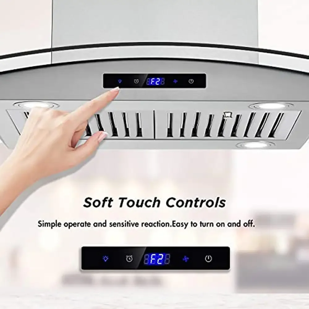Островная вытяжка 36 дюймов с закаленным стеклом 450 куб. футов в минуту и светодиодной подсветкой. Кабриолет. Безводная кухонная вытяжка. Современный дизайн. Нержавеющая сталь.
