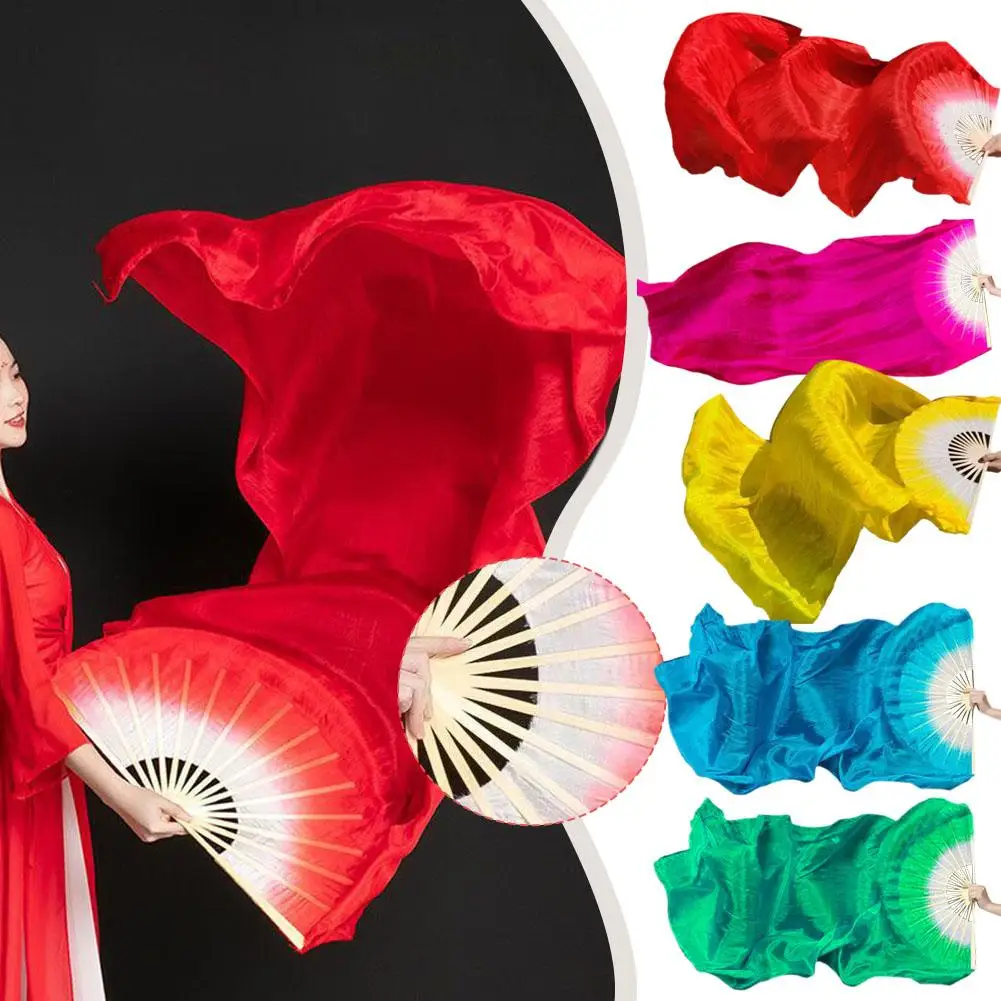 

Women Gradient Color Bamboo Silk Fans Belly Dancing Practice Silk Fan 120cm Beautiful Dancer Long Fans Imitation Rayon H1Y4