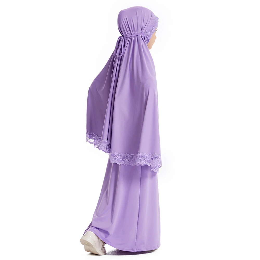 

2PCS Muslim Kids Girls Lace Overhead Hijab Dress Burqa Nikab Khimar Skirt Islamic Prayer Garment Children Abaya Ramadan Eid Robe