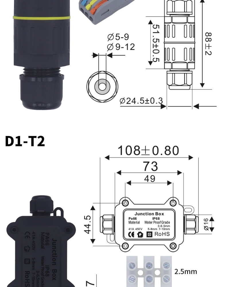 IP68 L12 L16 L20 L25 Waterproof Cable Connector 2/3/4Pin Screw Wiring Terminal Wire Connectors for Electrical Light Junction Box