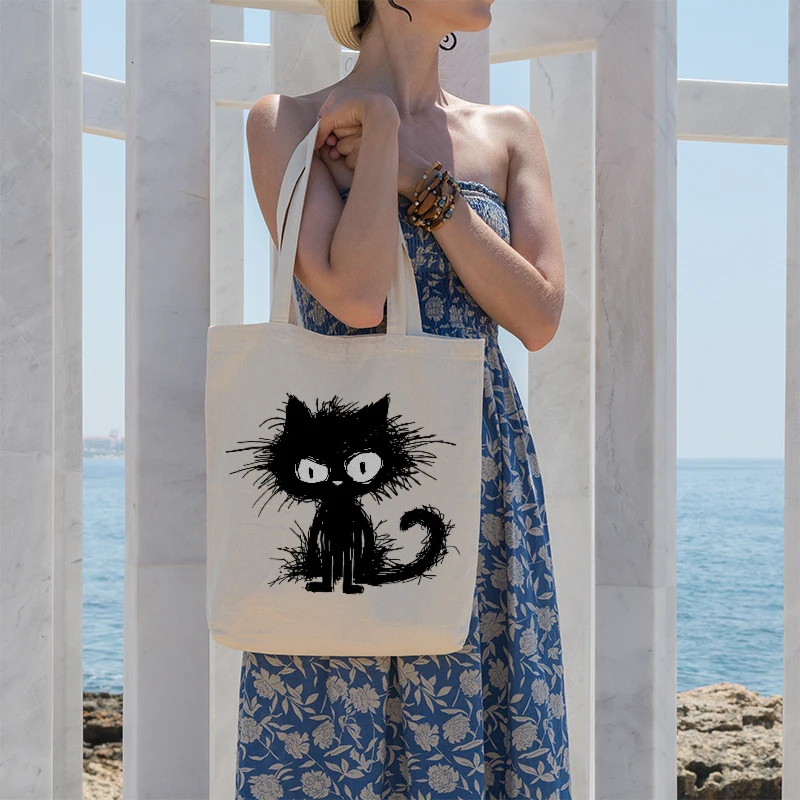 Fun line black cat canvas bag, men's and women's eco-friendly handbag, portable shopping bag, fashionable and large capacity