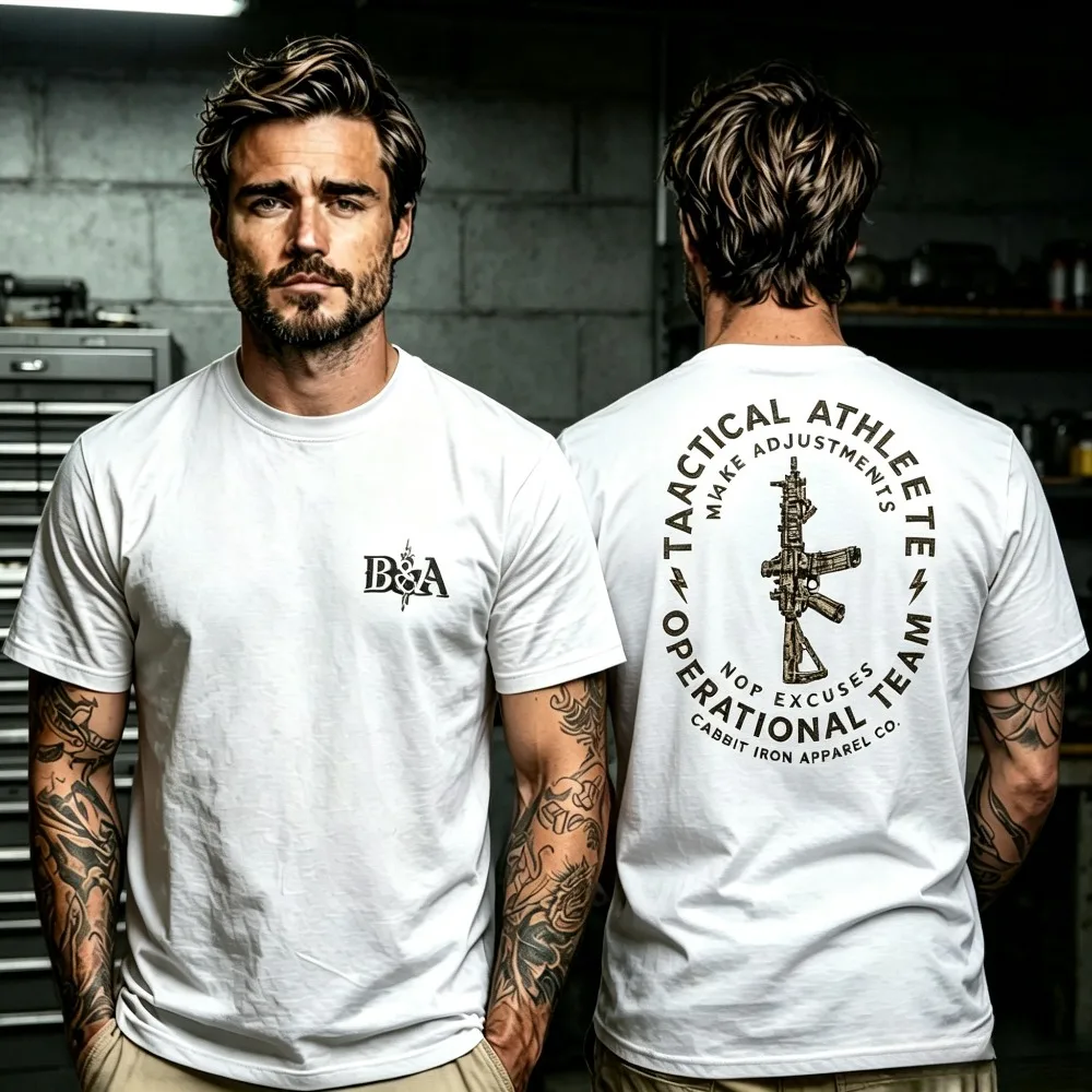Circular Tactical Rifle Graphic Men T-Shirt Vintage Military Style Short Sleeve Workout Casual Tee